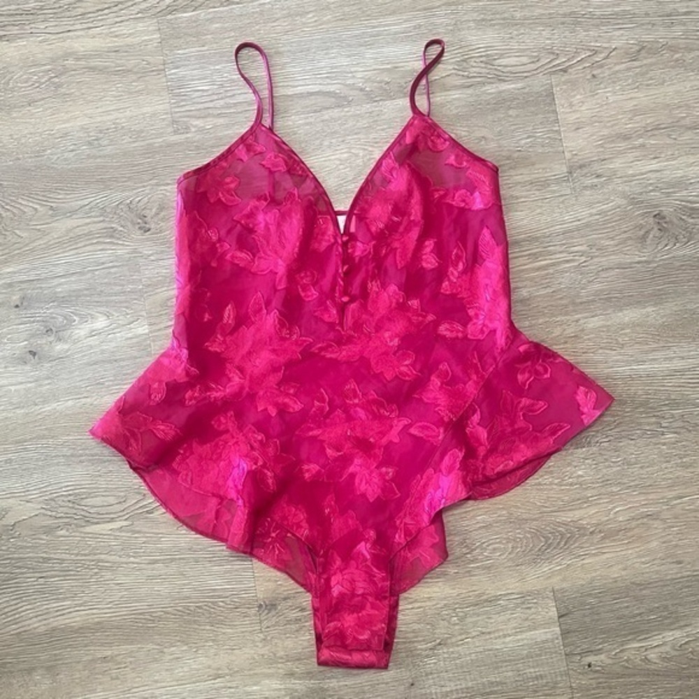 90s Victoria Secret Gold Label Red Floral Bodysuit Coquette Sheer Women's Small